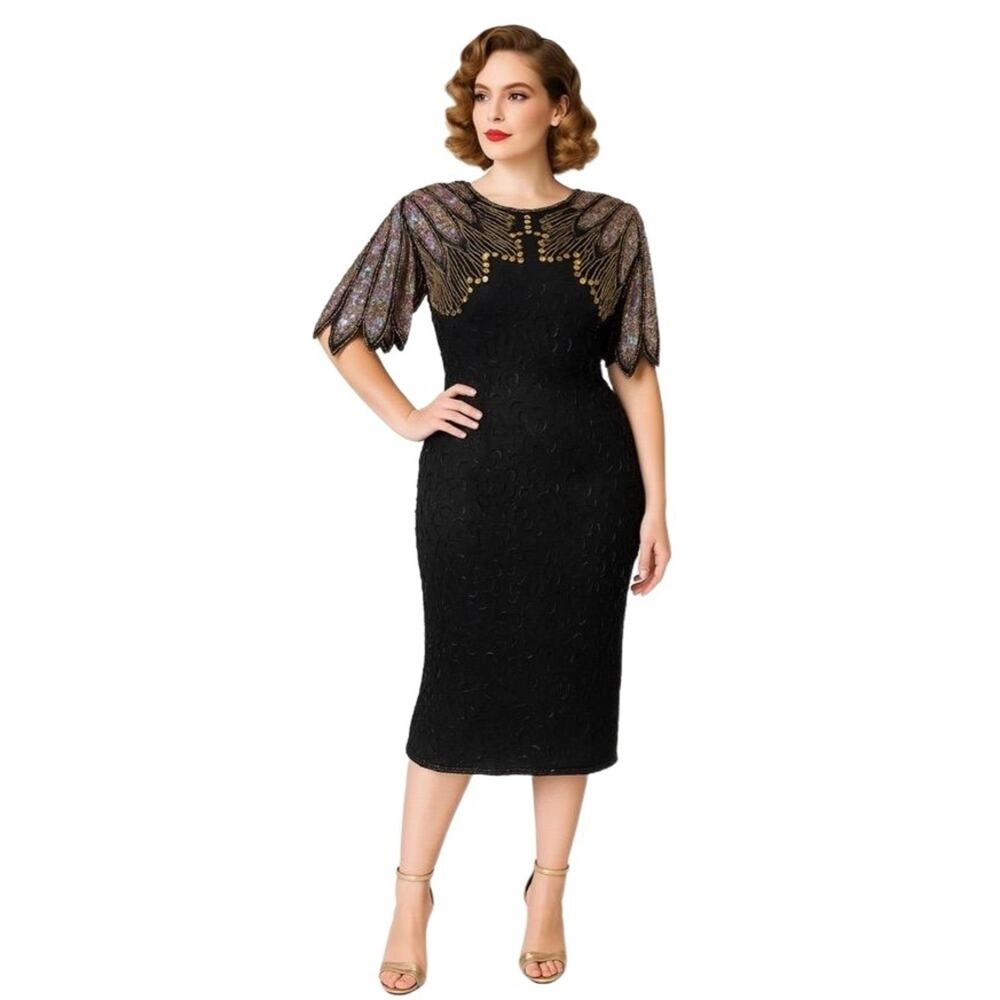 Vintage Carina‎ Hand Beaded Silk Dress Art Deco Sequin Dress Black Gold Multi XS